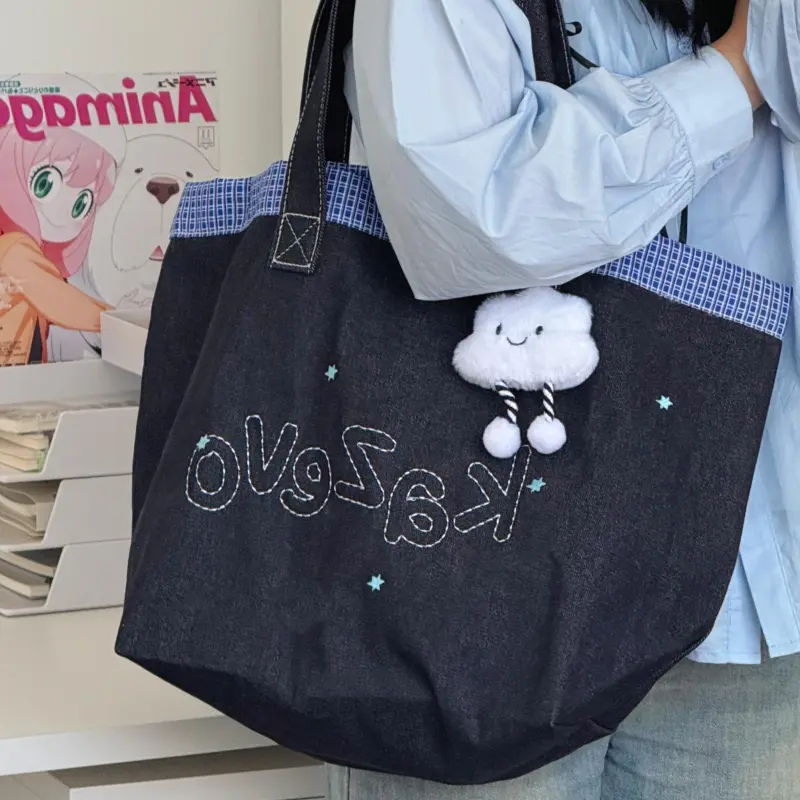 Travel Denim Tote Bag, Shopping Bag, Shoulder Bag Unisex Denim Blue-5