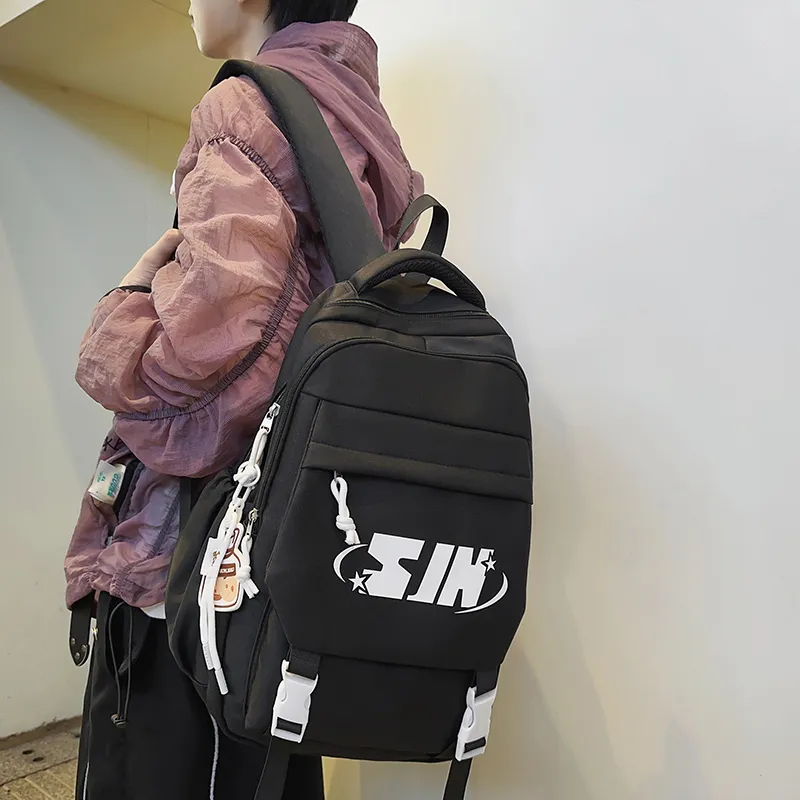 Travel Nylon Backpack Unisex Pure Black/White & Black/Khaki/Blue/Red-7