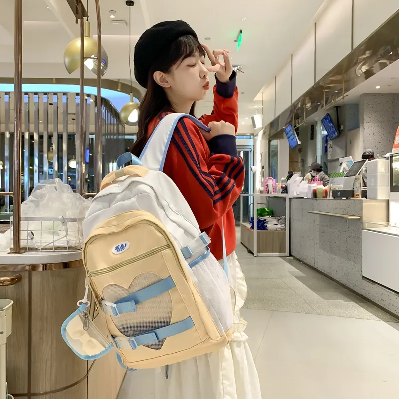Travel Nylon Backpack Unisex Pink/Beige Yellow-9