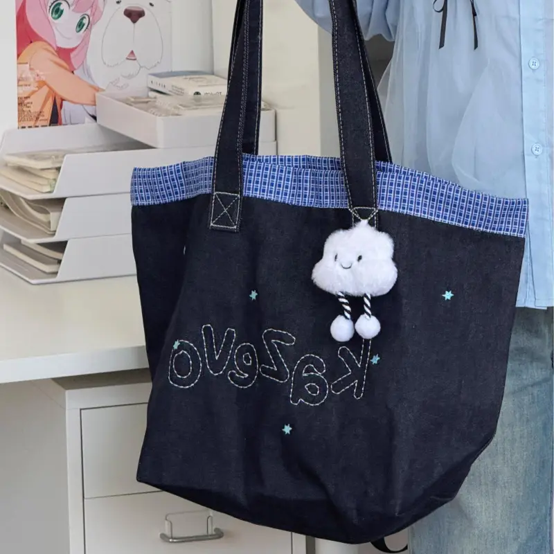 Travel Denim Tote Bag, Shopping Bag, Shoulder Bag Unisex Denim Blue-6