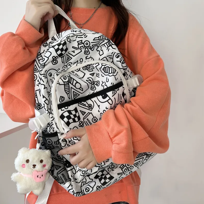 Travel Nylon Backpack Unisex Black White/Multicolor-1