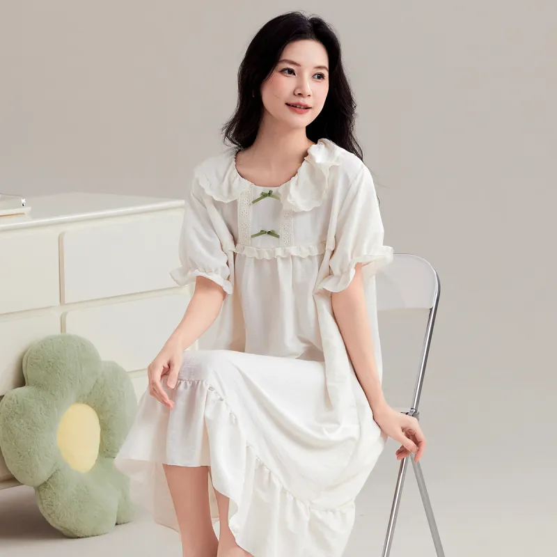 Urban Beauty Nightgown Girlish Preppy Style Peter Pan Collar Women's Ecru-2