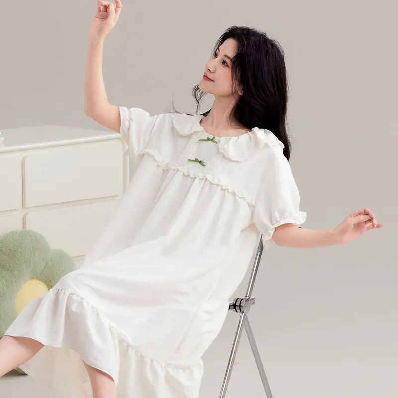 Urban Beauty Nightgown Girlish Preppy Style Peter Pan Collar Women's Ecru-3