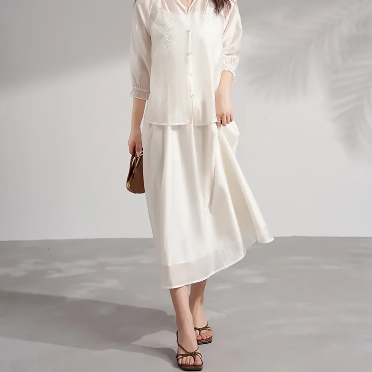 FAIRWHALE Minimalist Style A Shaped Half Length Casual Long Skirt Women's Jade White-3