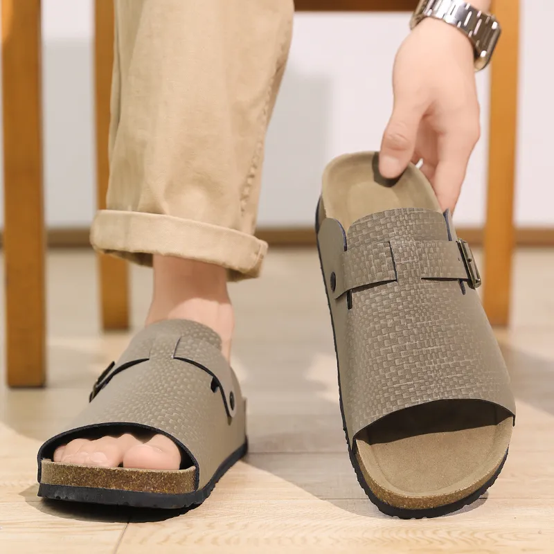 MIIOW Cork Sole Leather Patchwork Woven Slip Resistant Abrasion Resistant Slide Slippers Men's-5