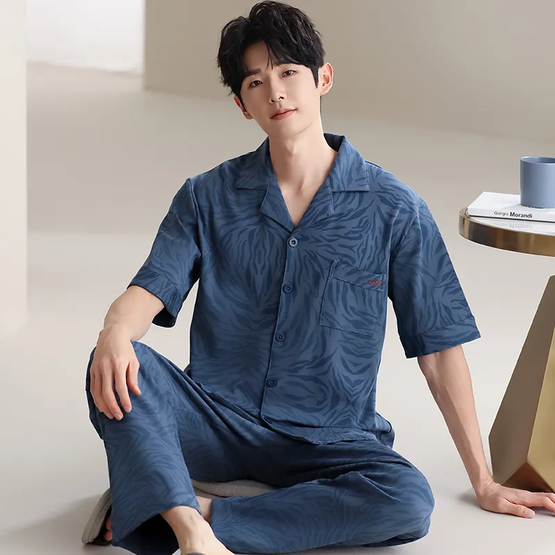 Lan Miao Pajama Set Men's Navy Blue Pattern-1