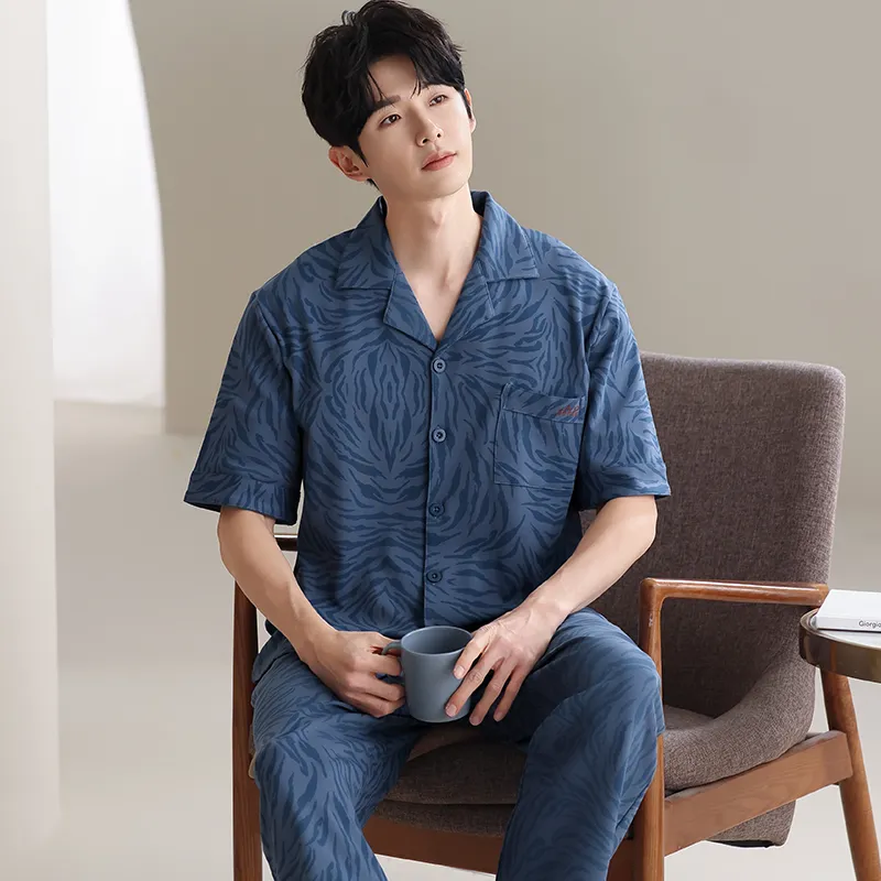 Lan Miao Pajama Set Men's Navy Blue Pattern-4