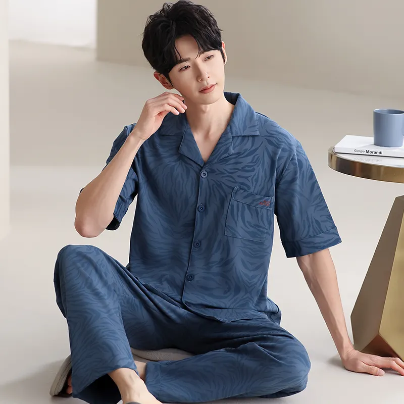Lan Miao Pajama Set Men's Navy Blue Pattern-2