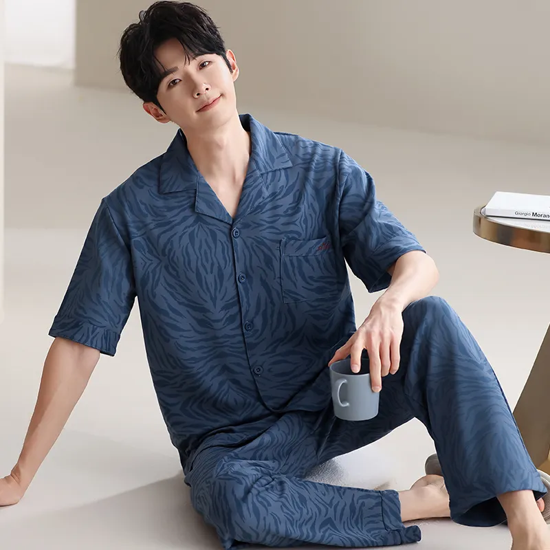 Lan Miao Pajama Set Men's Navy Blue Pattern-3