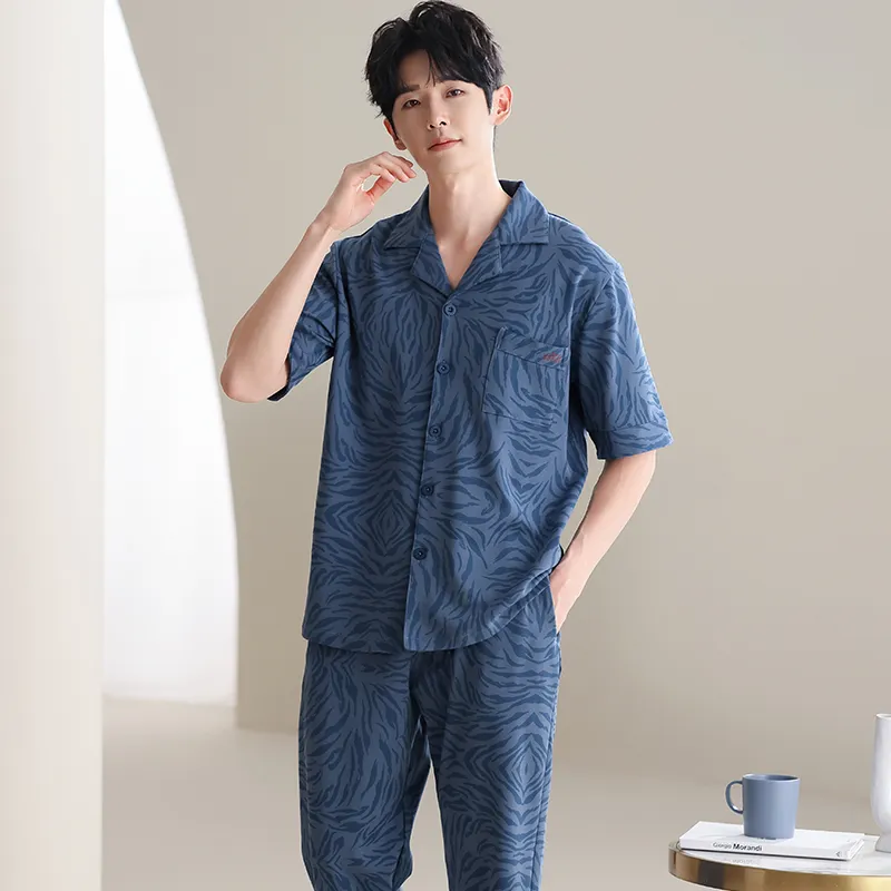 Lan Miao Pajama Set Men's Navy Blue Pattern-5