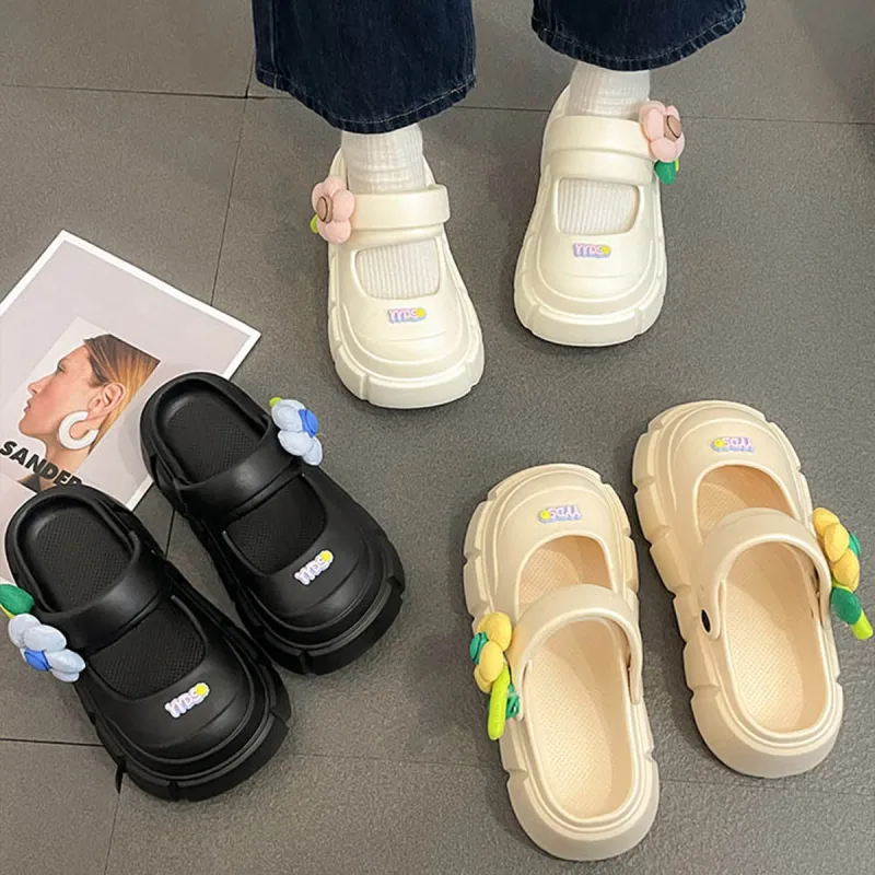 Gentle Welcome Cute Floral Slippers Height Increasing Platform Squashy And Bouncy Feeling Closed Toe Slippers-5