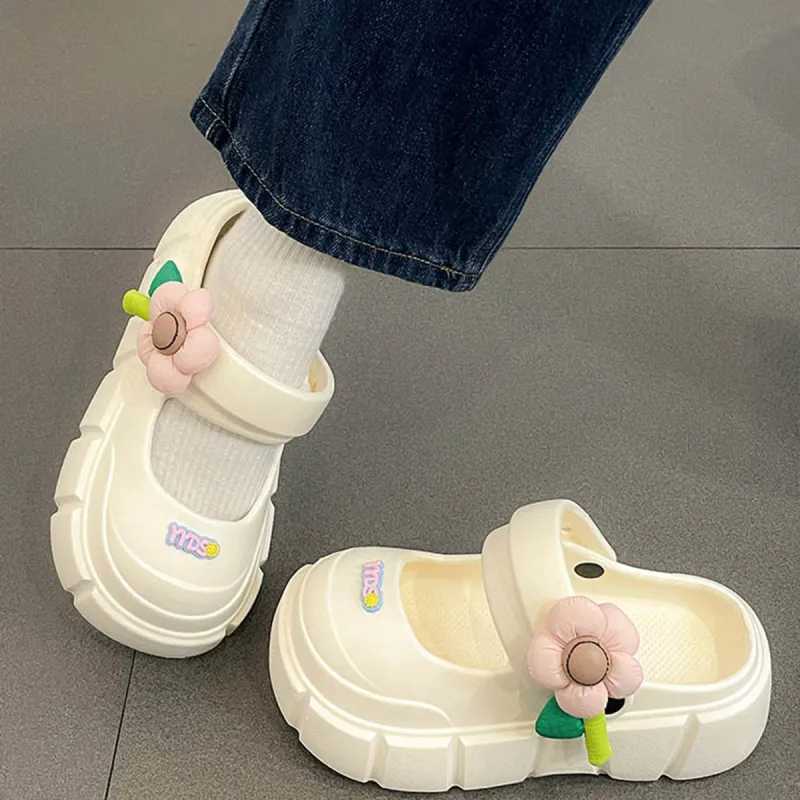 Gentle Welcome Cute Floral Slippers Height Increasing Platform Squashy And Bouncy Feeling Closed Toe Slippers-4