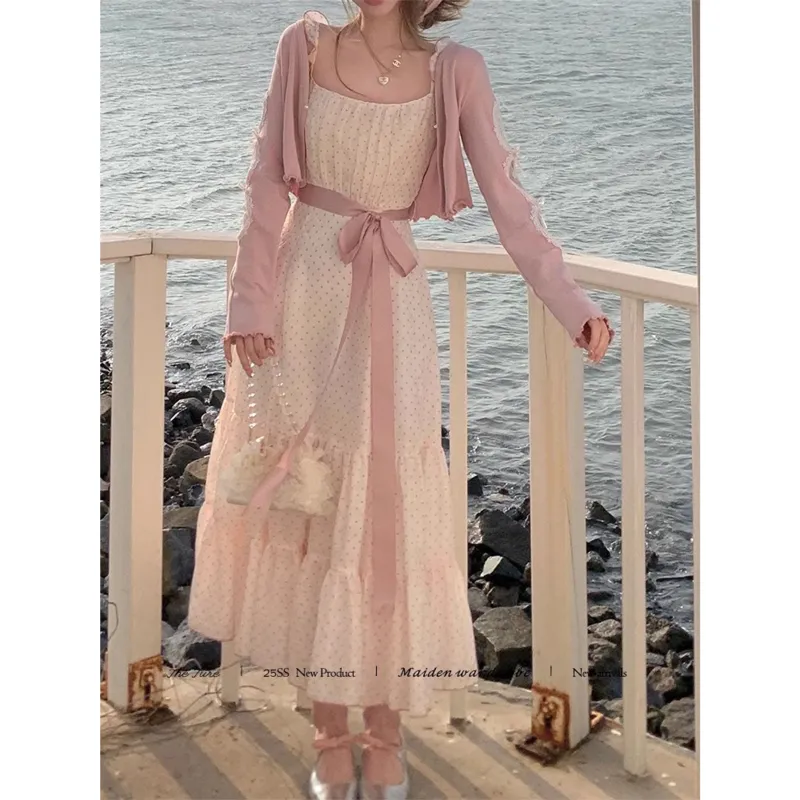 HeartyBite Slip Dress Women's Pink Polka Dot Maxi Skirt-3