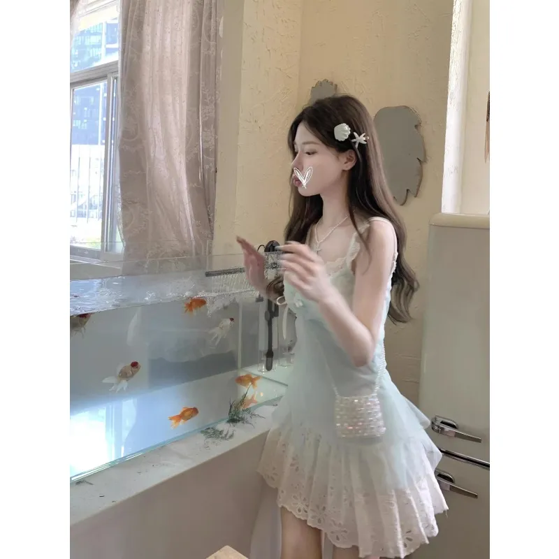 HeartyBite Slip Dresses Women's Sea Salt Blue Cover Up With White Camisole Dress-4