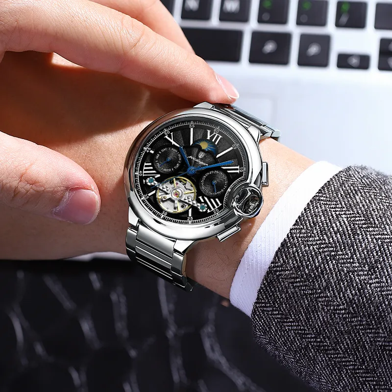 POEDAGAR Mechanical Movement Stainless Steel Watchband Men's Watches White Dial-13
