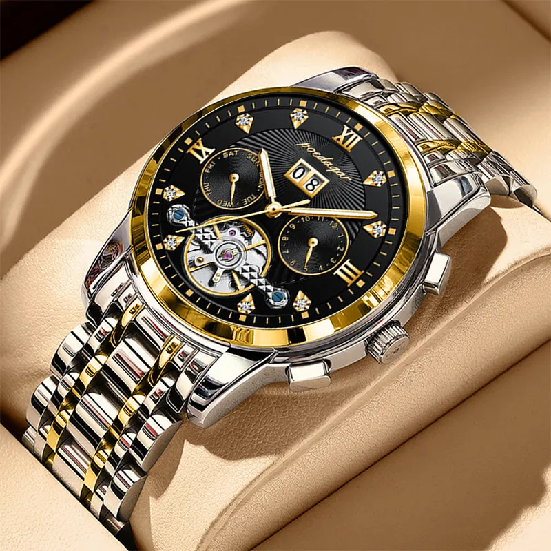 POEDAGAR Mechanical Movement Stainless Steel Watchband Men's Watches Black Dial-43