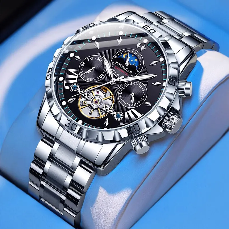 POEDAGAR Automatic Mechanical Movement Stainless Steel Watchband Watch Men's Watches Black Dial-2