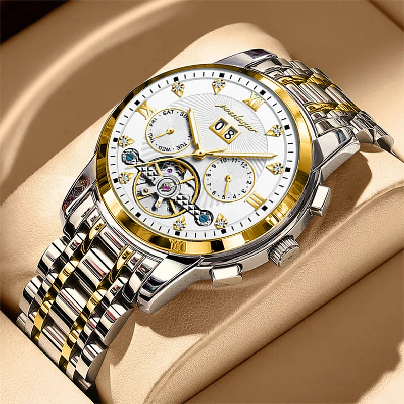 POEDAGAR Mechanical Movement Stainless Steel Watchband Men's Watches Black Dial-16