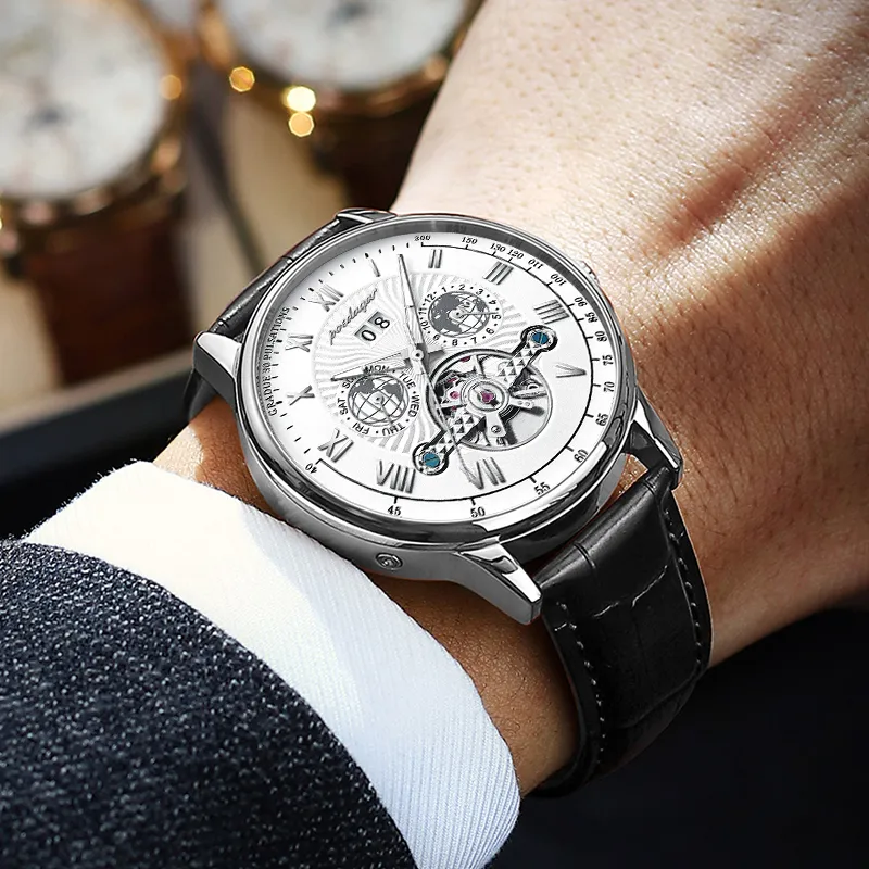 POEDAGAR Automatic Mechanical Movement Leather Strap Watch Men's Watches Gold Dial-35