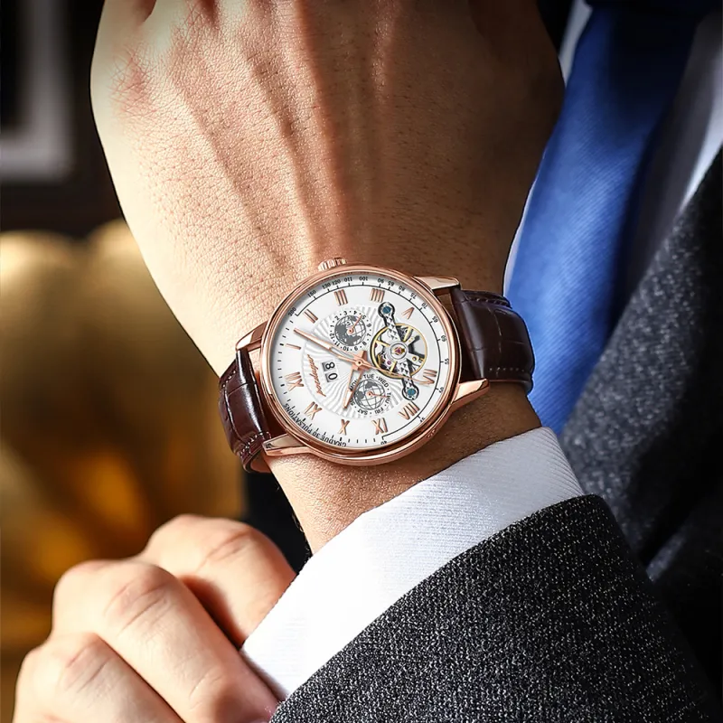 POEDAGAR Automatic Mechanical Movement Leather Strap Watch Men's Watches Gold Dial-26