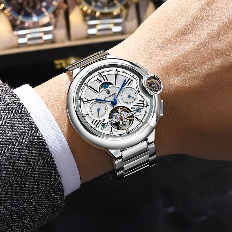 POEDAGAR Mechanical Movement Stainless Steel Watchband Men's Watches White Dial-25