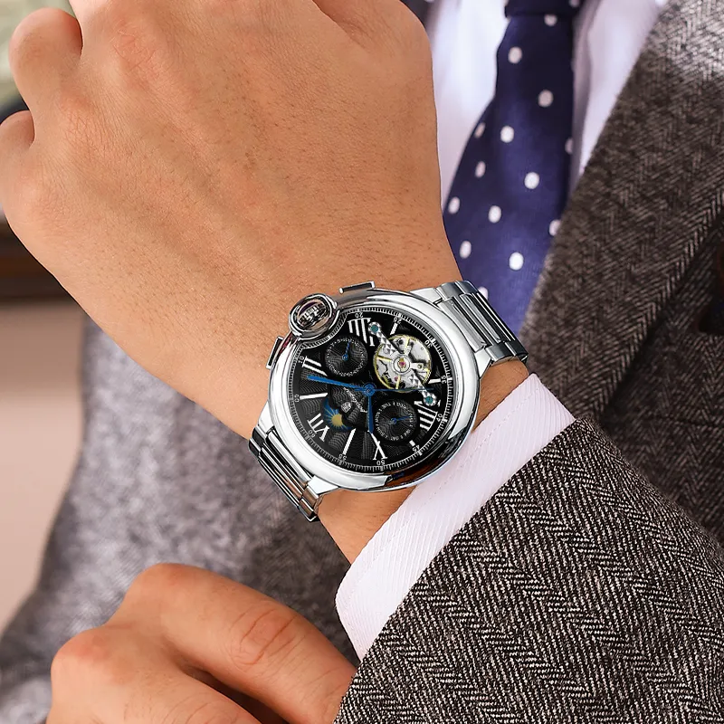 POEDAGAR Mechanical Movement Stainless Steel Watchband Men's Watches White Dial-14