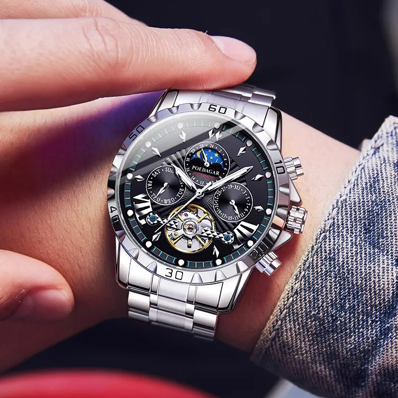 POEDAGAR Automatic Mechanical Movement Stainless Steel Watchband Watch Men's Watches Black Dial-7