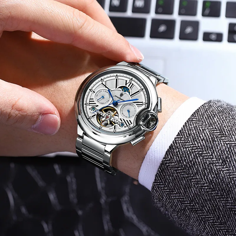 POEDAGAR Mechanical Movement Stainless Steel Watchband Men's Watches White Dial-26