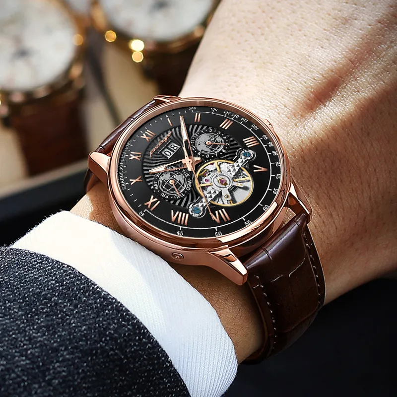 POEDAGAR Automatic Mechanical Movement Leather Strap Watch Men's Watches Gold Dial-31