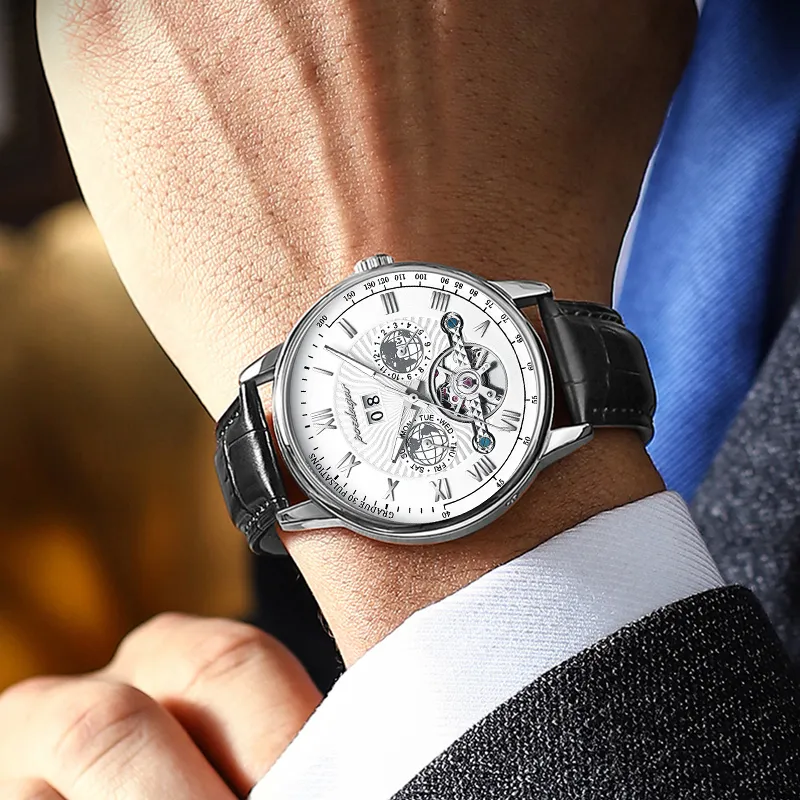 POEDAGAR Automatic Mechanical Movement Leather Strap Watch Men's Watches Gold Dial-13
