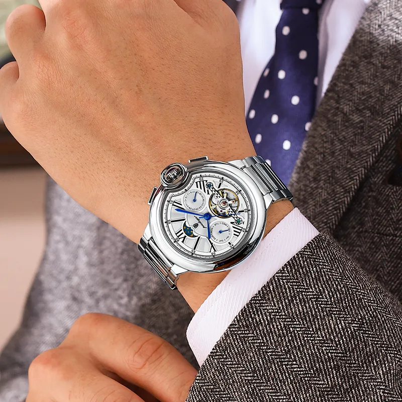 POEDAGAR Mechanical Movement Stainless Steel Watchband Men's Watches White Dial-6