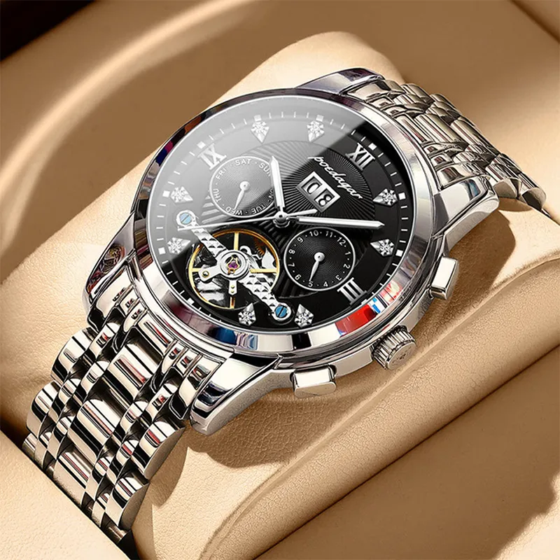 POEDAGAR Mechanical Movement Stainless Steel Watchband Men's Watches Black Dial-33