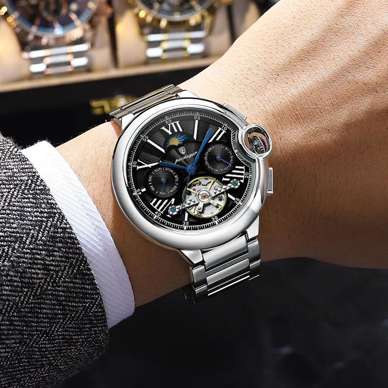 POEDAGAR Mechanical Movement Stainless Steel Watchband Men's Watches White Dial-19