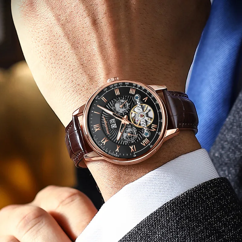 POEDAGAR Automatic Mechanical Movement Leather Strap Watch Men's Watches Gold Dial-29