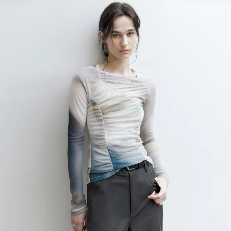 TAGEECHITA Design Driven Gauze Slim Fit Slimming Long Sleeved T Shirt Women's-2