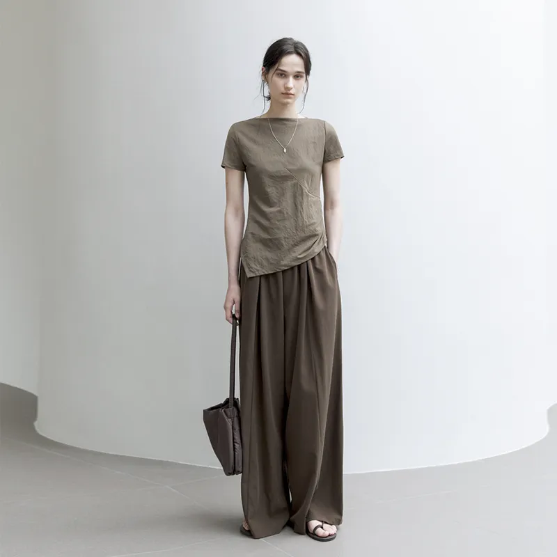 TAGEECHITA Slim Fit Slimming Boat Neck Deconstruction T Shirt Women's-3