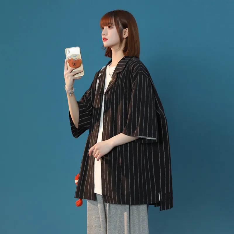 TESTUNG Cuban Collar Stripes Lightweight Draped Shirt Unisex-2