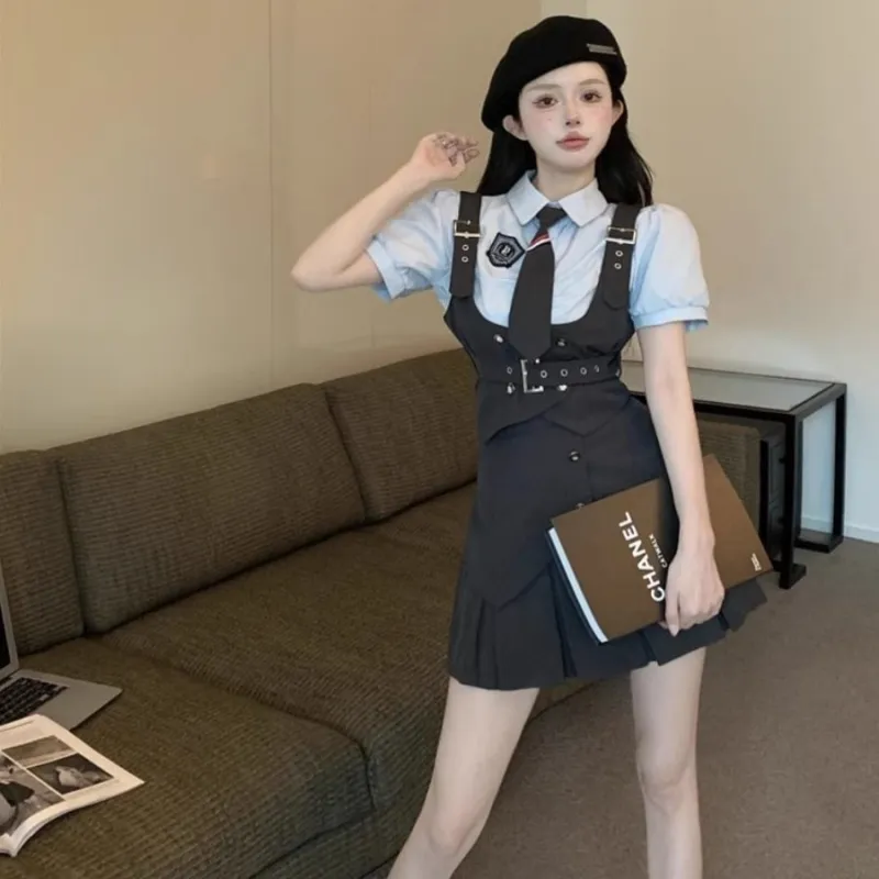 Cotton Gene Uniforms Women's 310 Blue Shirt With Bow Tie+Vest+Skirt+Shopping Bag-2