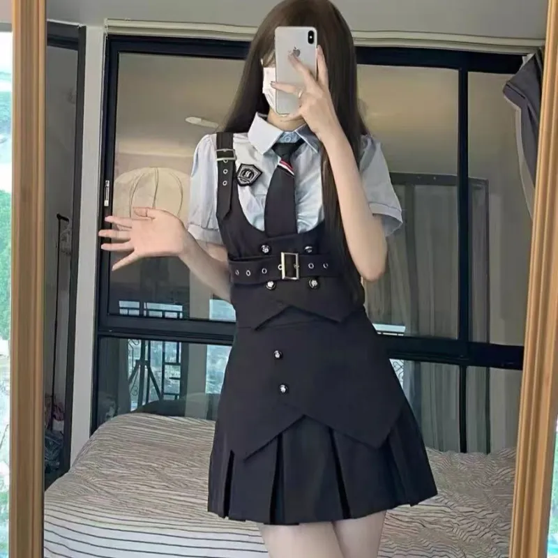 Cotton Gene Uniforms Women's 310 Blue Shirt With Bow Tie+Vest+Skirt+Shopping Bag-3