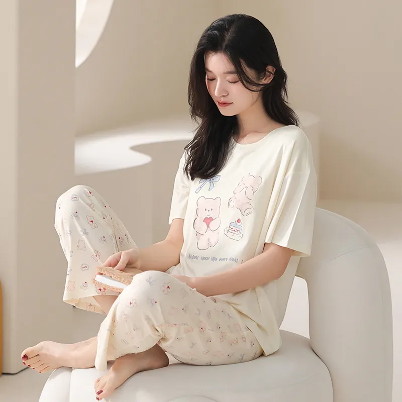 HUADAOJI Pajama Set Women's 2 Pack Beige Yellow-5