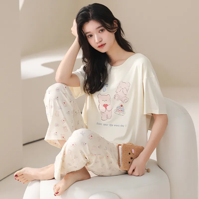 HUADAOJI Pajama Set Women's 2 Pack Beige Yellow-3