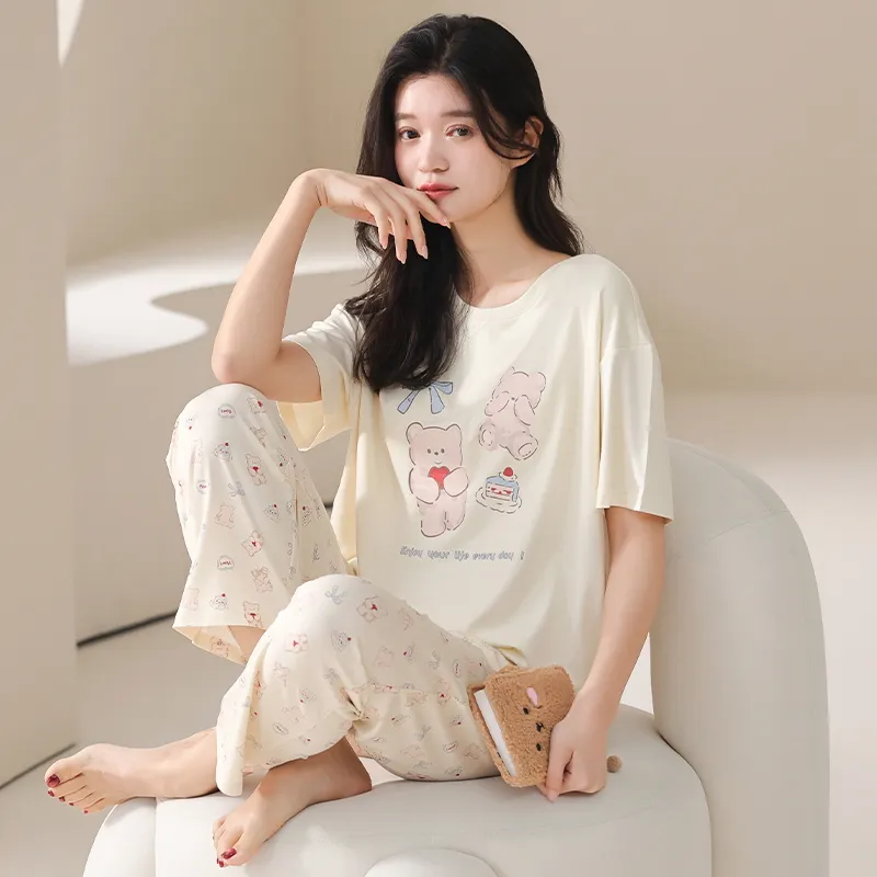 HUADAOJI Pajama Set Women's 2 Pack Beige Yellow-4