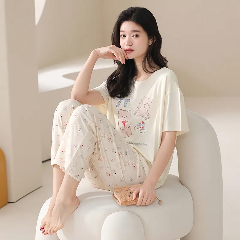 HUADAOJI Pajama Set Women's 2 Pack Beige Yellow-2