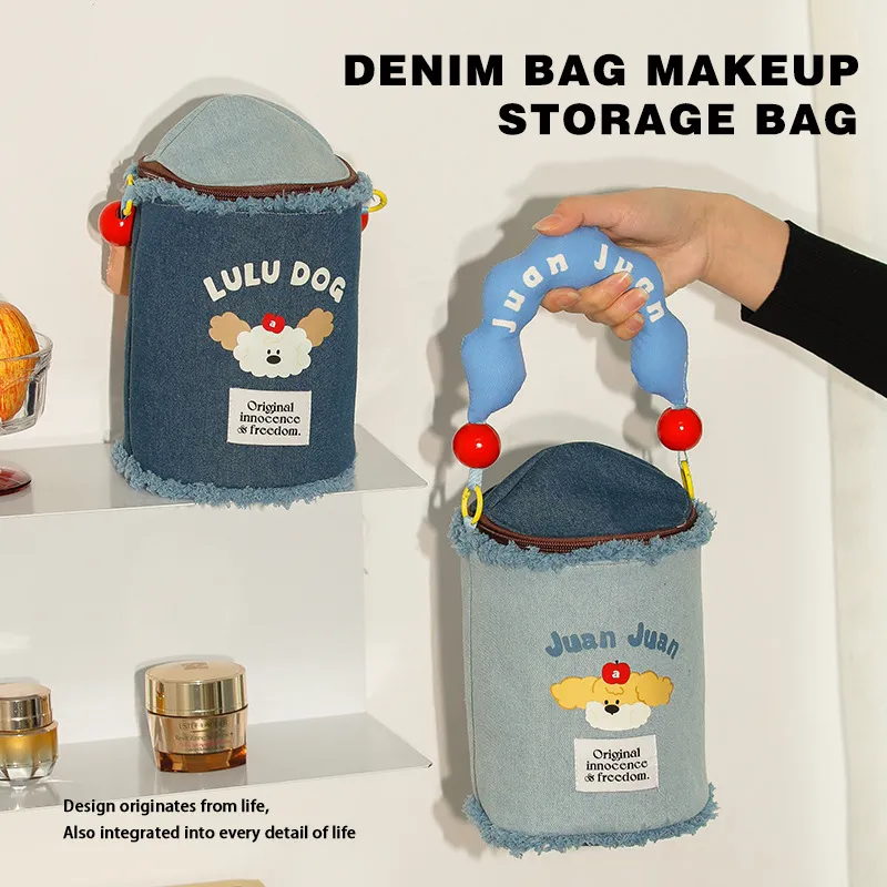 Gentle Welcome Upright Denim Makeup Bags Retractable Portable-2