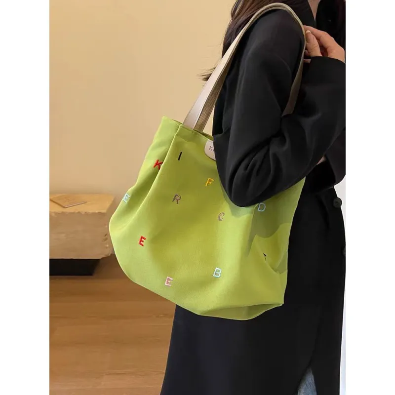 Gentle Welcome Embroidered Letters Shopping Bag Refreshing-4