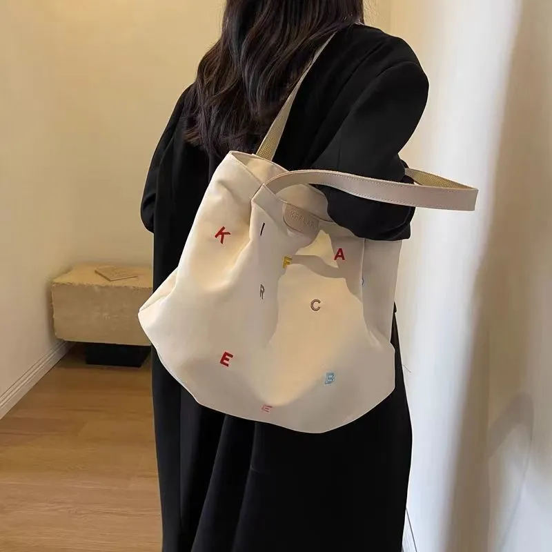Gentle Welcome Embroidered Letters Shopping Bag Refreshing-10