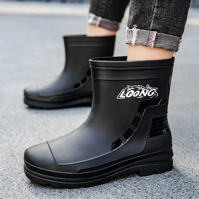 LONGYING Rain Boots Men Black/Black Red-3