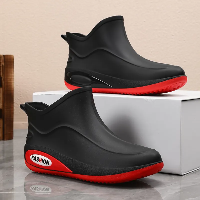 LONGYING Rain Boots Men Black Red/Beige-3
