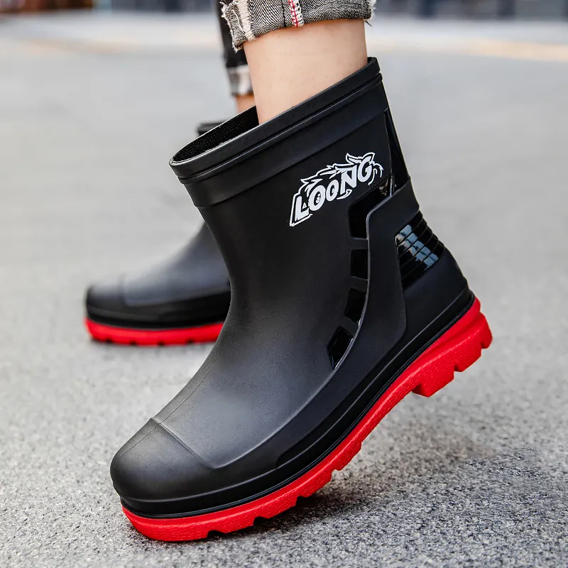 LONGYING Rain Boots Men Black/Black Red-8