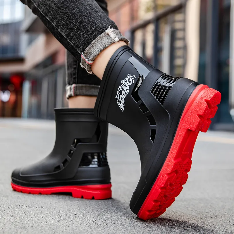 LONGYING Rain Boots Men Black/Black Red-9